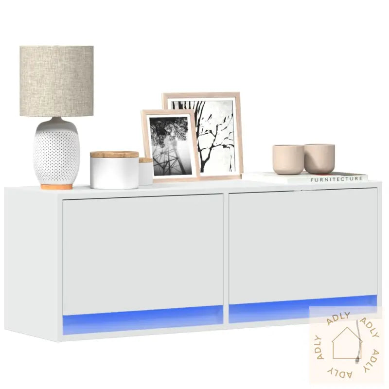 Vegghengt Tv-Benk Med Led Hvit 100X31X35 Cm