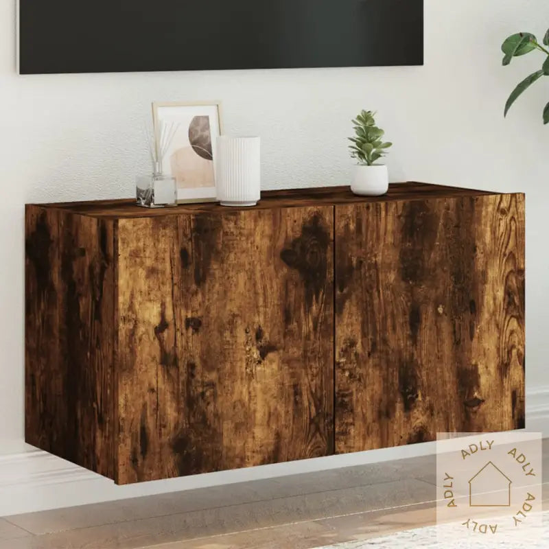 Vegghengt Tv-Benk Med Led Røkt Eik 80X35X41 Cm