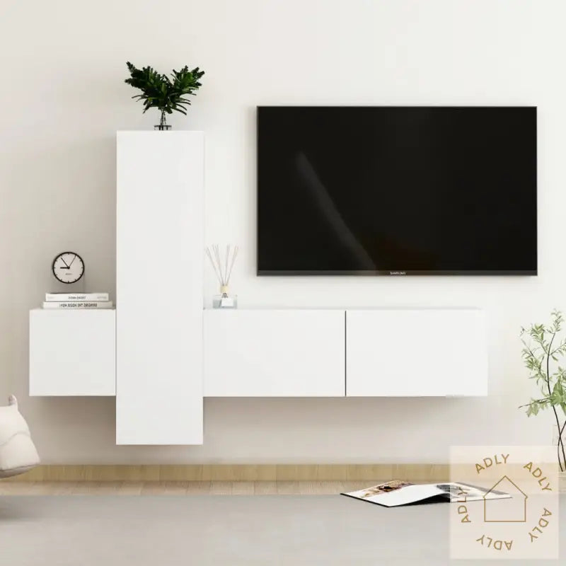 Tv-Benksett 3 Deler Hvit Konstruert Tre