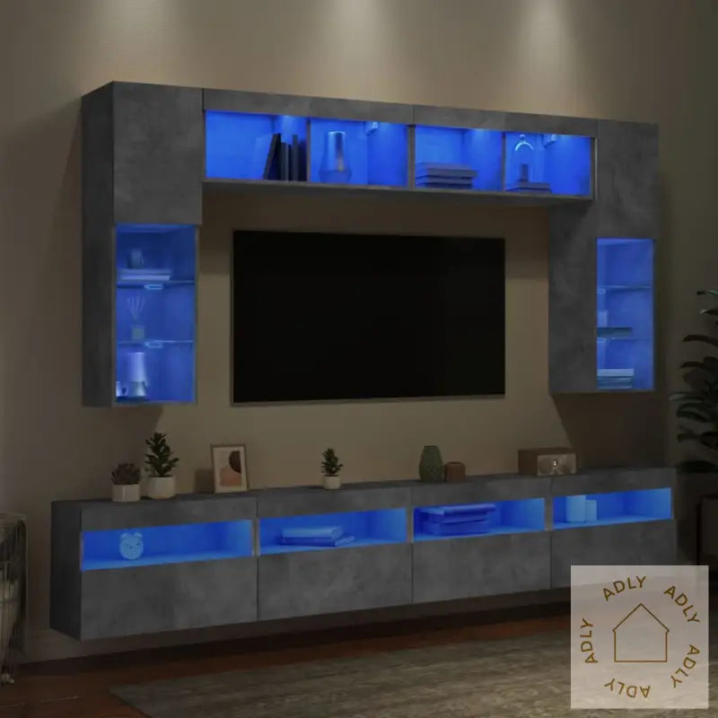 Vegghengte Tv-Benker Med Led 8 Stk Betonggrå