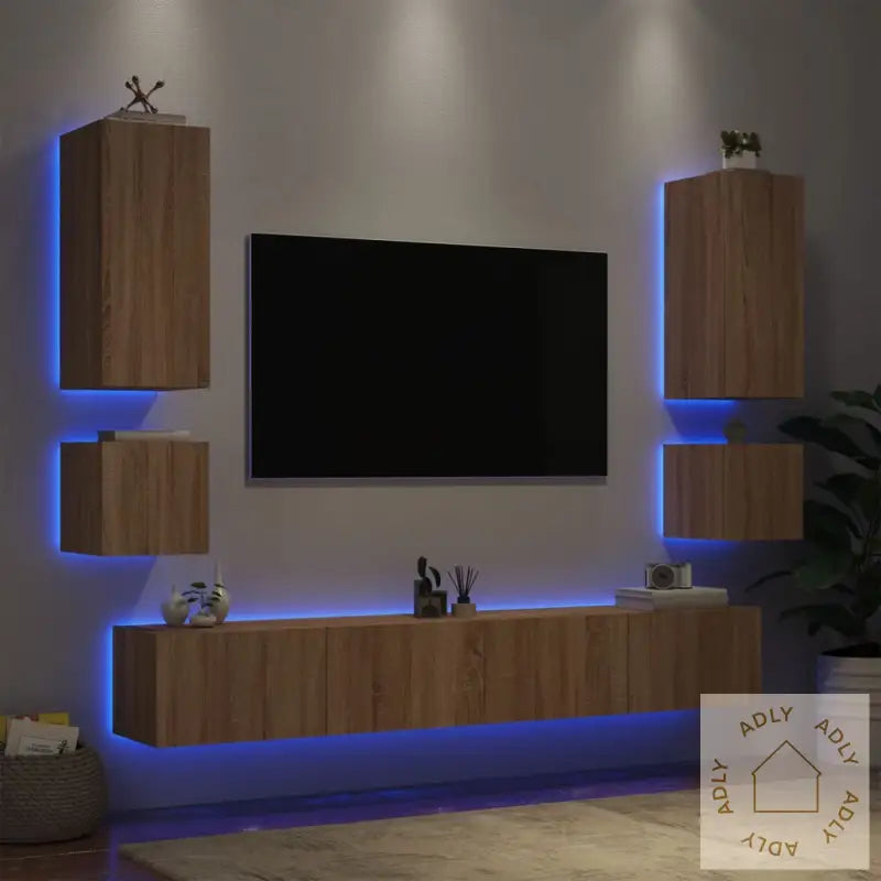 Vegghengte Tv-Benker Med Led 6 Stk Sonoma Eik