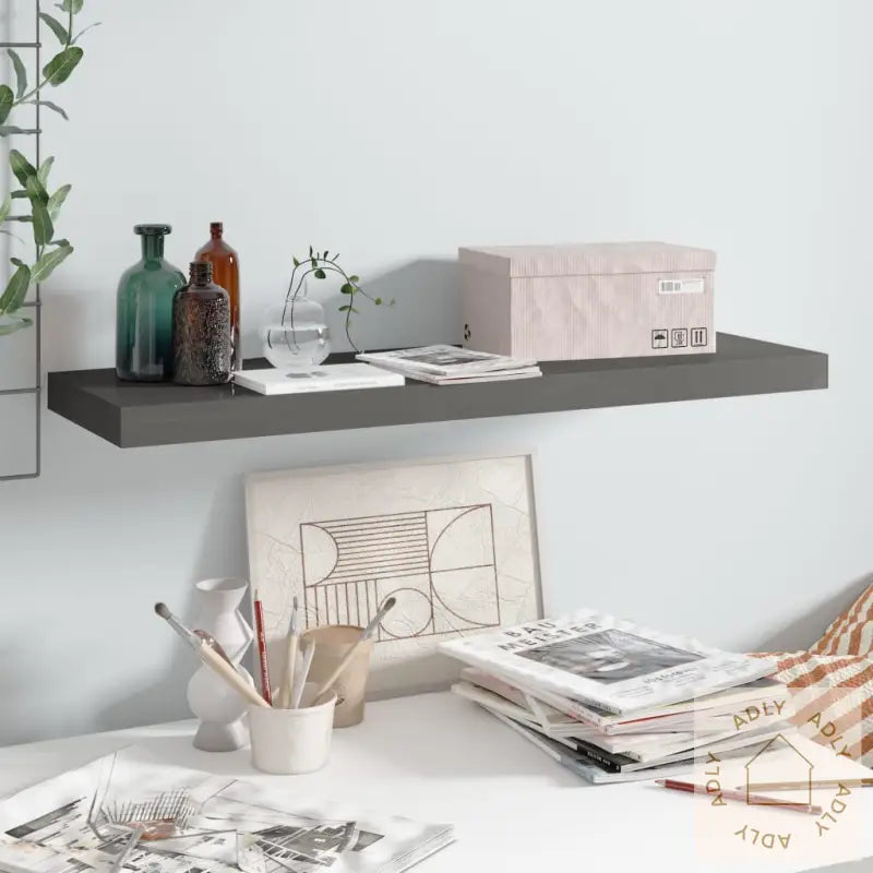 Flytende Vegghylle Høyglans Grå 80X23,5X3,8 Cm Mdf