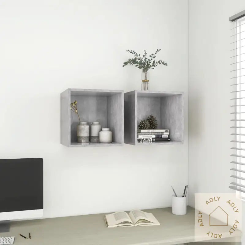 Veggskap I 2 Stk 37X37X37 Cm Konstruert Tre Betonggrå