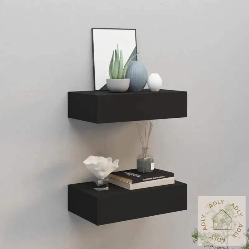 Veggmonterte Skuffehyller 2 Stk Svart 40X23,5X10 Cm Mdf