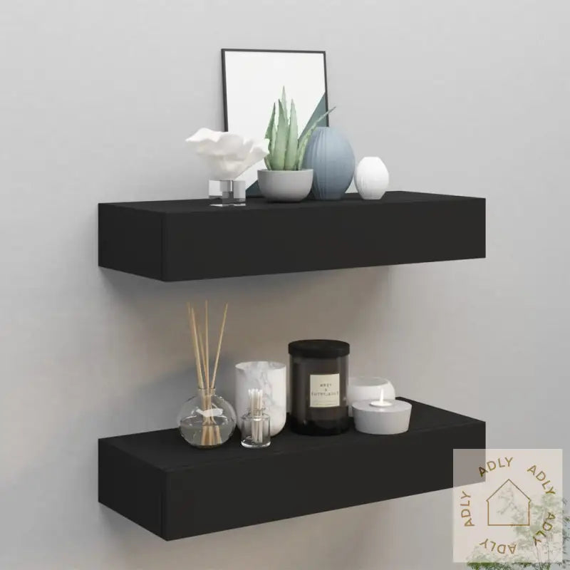 Veggmonterte Skuffehyller 2 Stk Svart 60X23,5X10 Cm Mdf