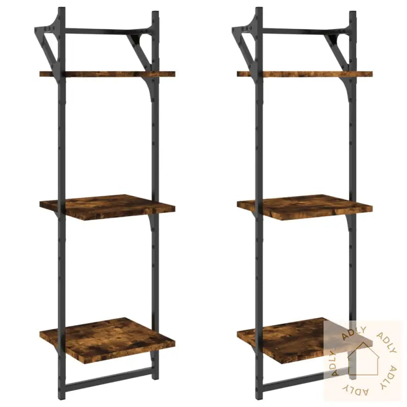 Vegghyller Med 3 Hyller Stenger 2 Stk Røkt Eik 30X25X100 Cm