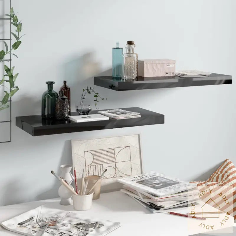 Flytende Vegghyller 2 Stk Høyglans Svart 60X23,5X3,8 Cm Mdf