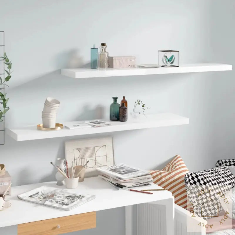 Flytende Vegghyller 2 Stk Høyglans Hvit 120X23,5X3,8 Cm Mdf