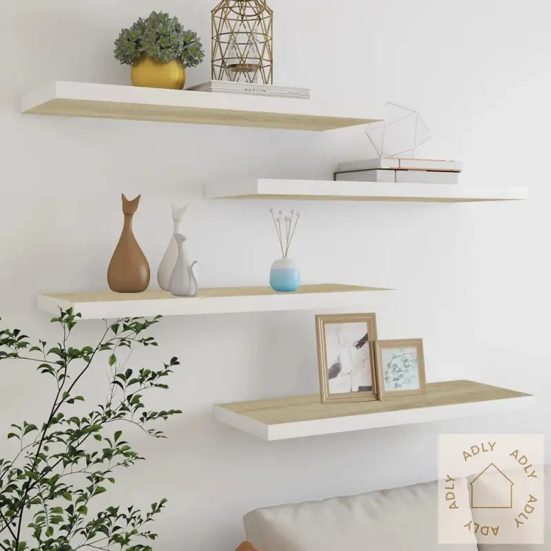 Flytende Vegghyller 4 Stk Eik Og Hvit 80X23,5X3,8 Cm Mdf