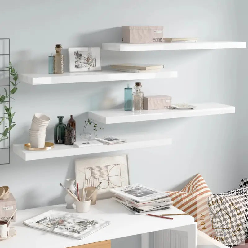 Flytende Vegghyller 4 Stk Høyglans Hvit 90X23,5X3,8 Cm Mdf