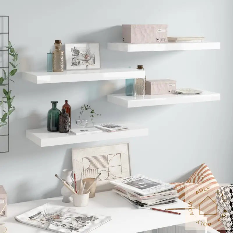 Flytende Vegghyller 4 Stk Høyglans Hvit 60X23,5X3,8 Cm Mdf