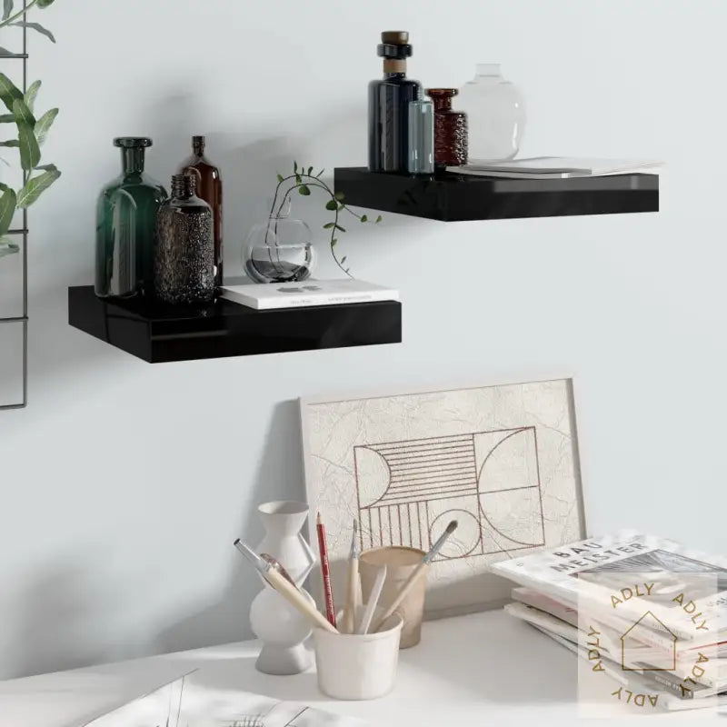 Flytende Vegghyller 2 Stk Høyglans Svart 23X23,5X3,8 Cm Mdf
