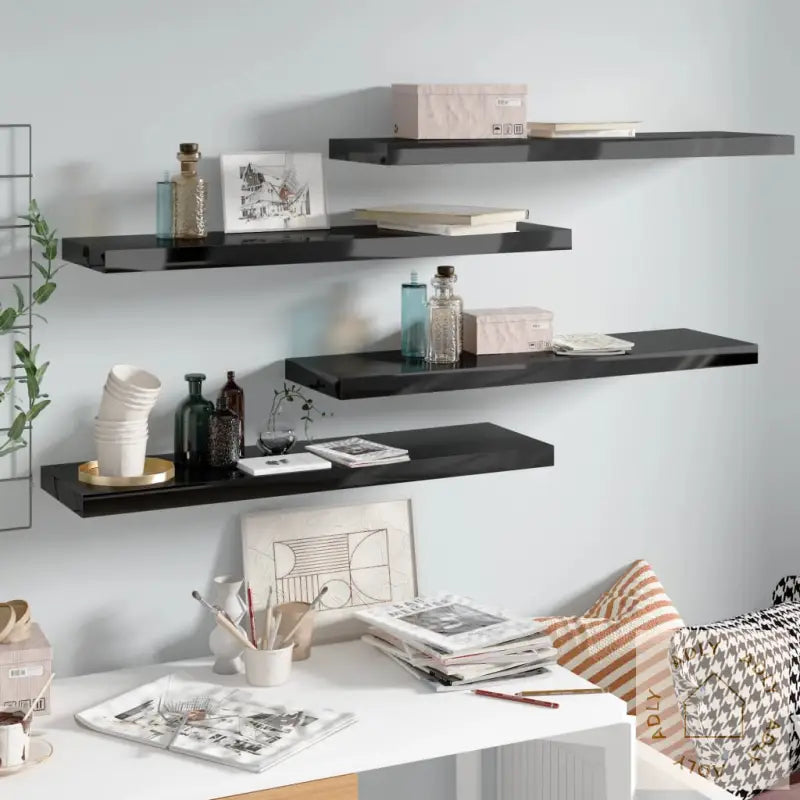 Flytende Vegghyller 4 Stk Høyglans Svart 90X23,5X3,8 Cm Mdf