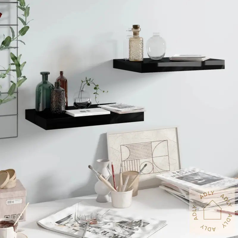 Flytende Vegghyller 2 Stk Høyglans Svart 40X23X3,8 Cm Mdf