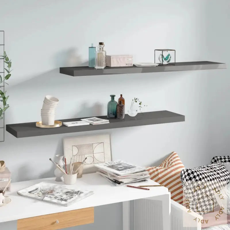 Flytende Vegghyller 2 Stk Høyglans Grå 120X23,5X3,8 Cm Mdf