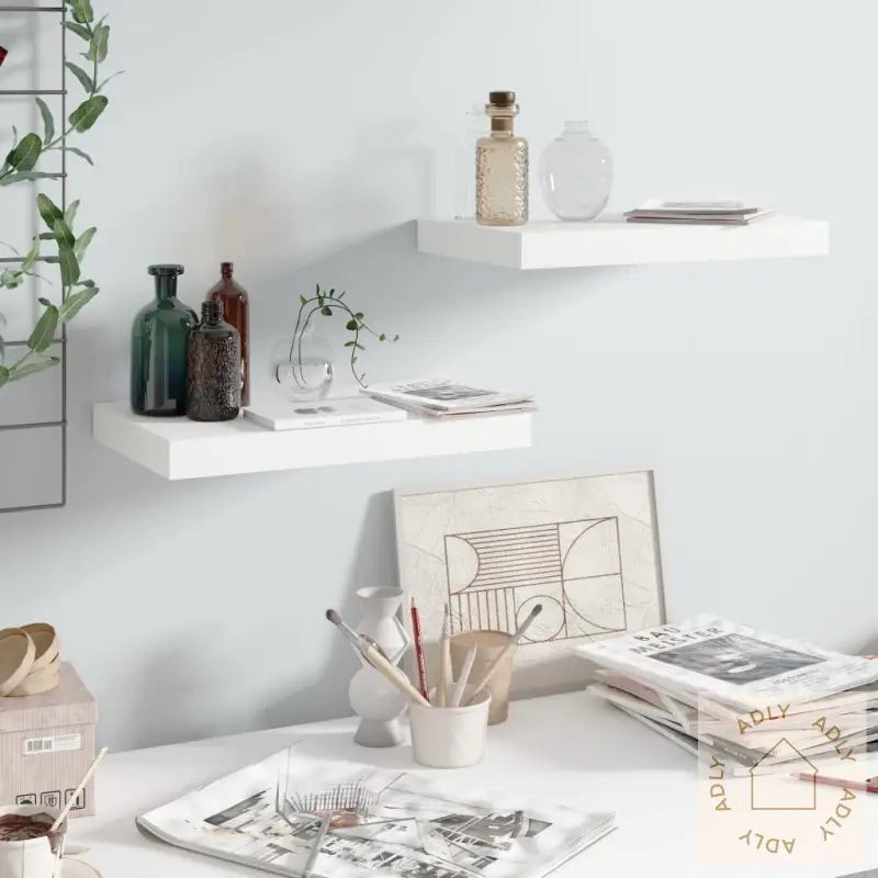 Flytende Vegghyller 2 Stk Høyglans Hvit 40X23X3,8 Cm Mdf