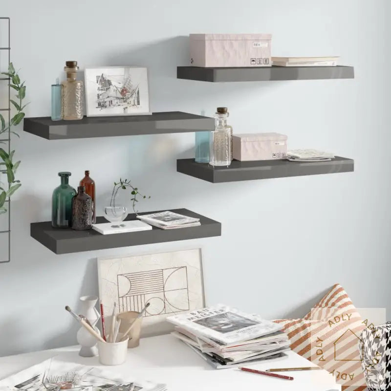 Flytende Vegghyller 4 Stk Høyglans Grå 50X23X3,8 Cm Mdf