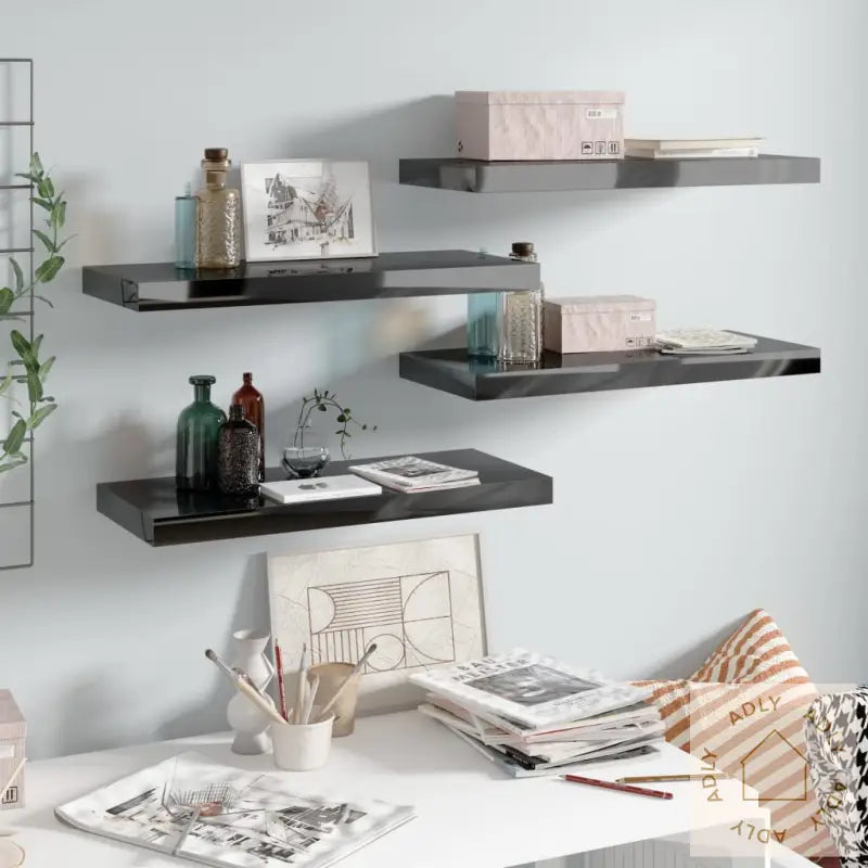 Flytende Vegghyller 4 Stk Høyglans Svart 60X23,5X3,8 Cm Mdf