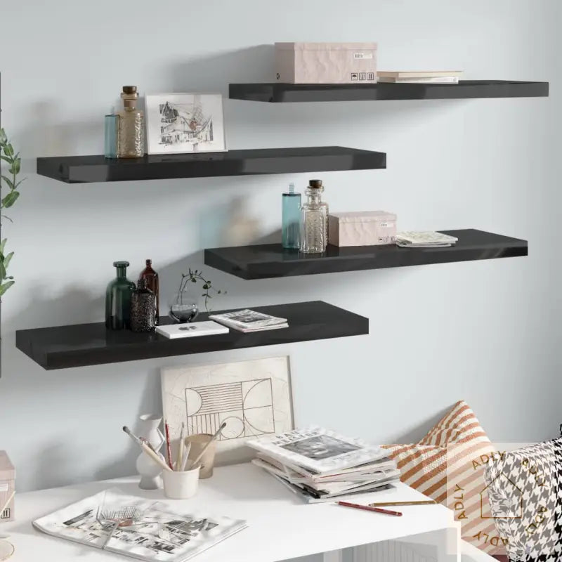 Flytende Vegghyller 4 Stk Høyglans Svart 80X23,5X3,8 Cm Mdf