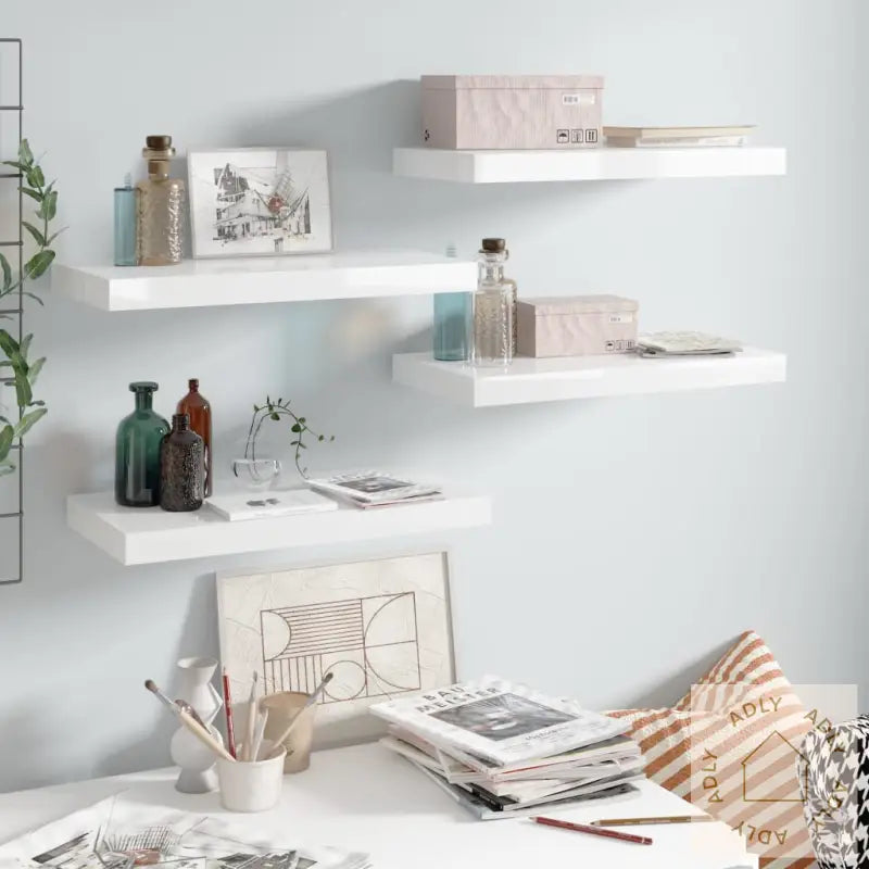 Flytende Vegghyller 4 Stk Høyglans Hvit 50X23X3,8 Cm Mdf