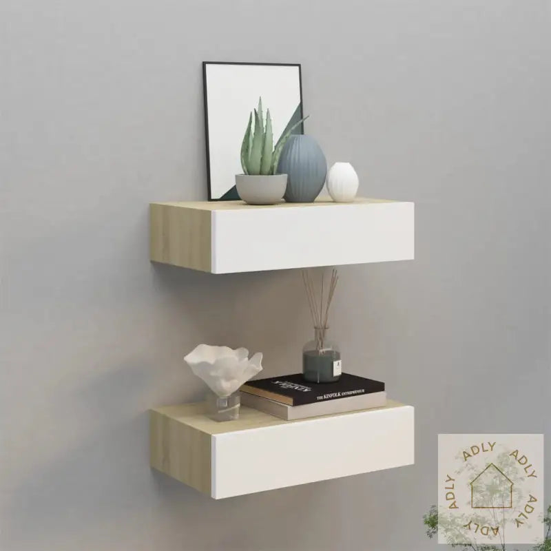 Veggmonterte Skuffehyller 2 Stk Eik Og Hvit 40X23,5X10 Cm Mdf