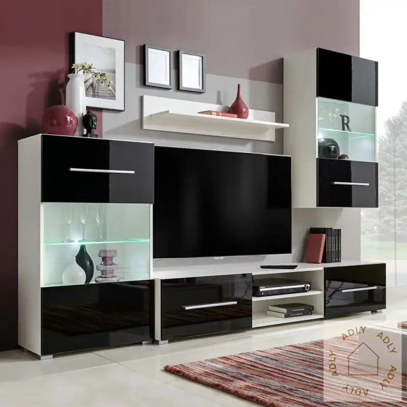 Tv-Møbel Med Skap Og Led-Lys 4 Deler Høyglans Svart