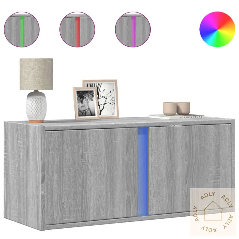 Vegghengt Tv-Benk Med Led Grå Sonoma 80X31X35 Cm