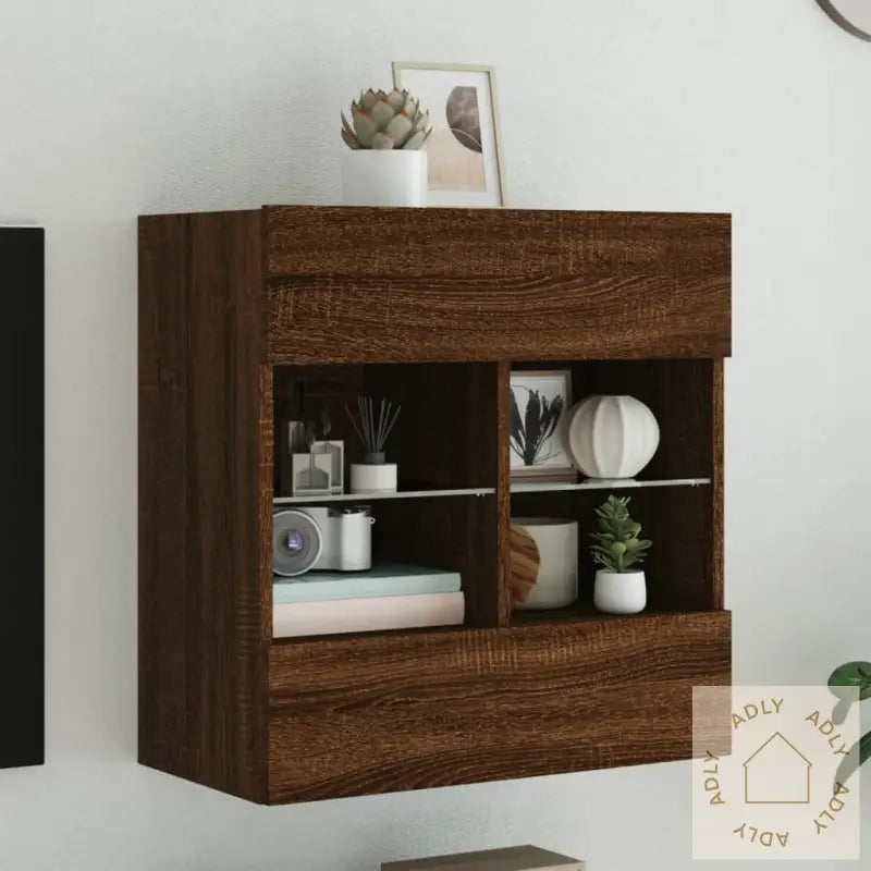 Vegghengt Tv-Benk Med Led-Lys Brun Eik 58,5X30X60,5 Cm