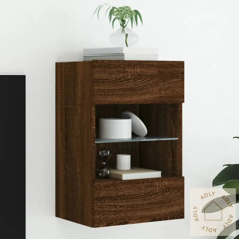 Vegghengt Tv-Benk Med Led-Lys Brun Eik 40X30X60,5 Cm
