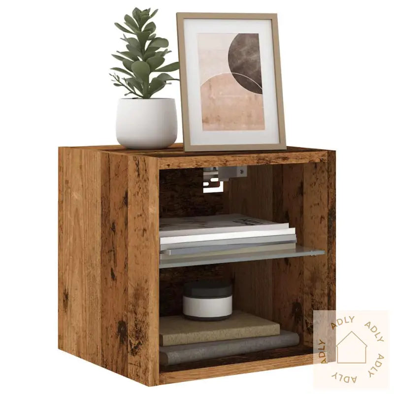 Vegghengt Tv-Benk Med Led Gammelt Tre 30X28,5X30 Cm