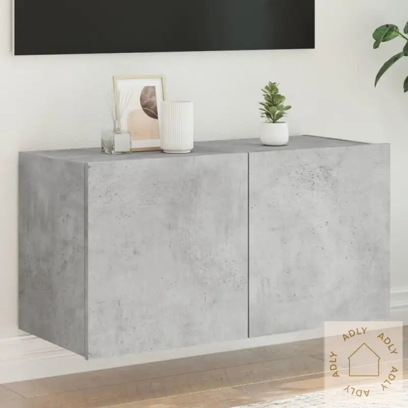 Vegghengt Tv-Benk Med Led-Lys Betonggrå 80X35X41 Cm