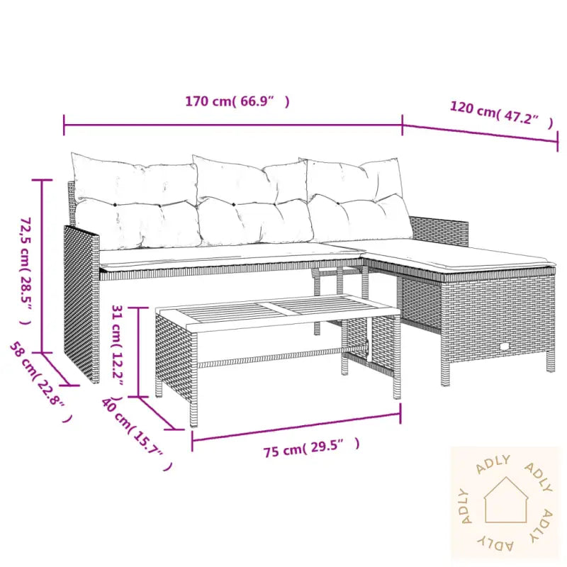 Hagesofa Med Bord Og Puter L-Formet Beige Polyrotting