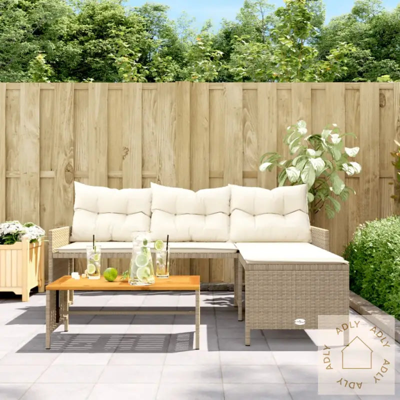 Hagesofa Med Bord Og Puter L-Formet Beige Polyrotting