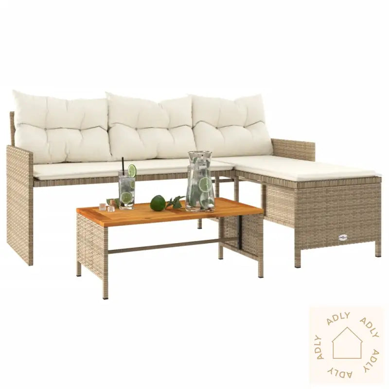 Hagesofa Med Bord Og Puter L-Formet Beige Polyrotting