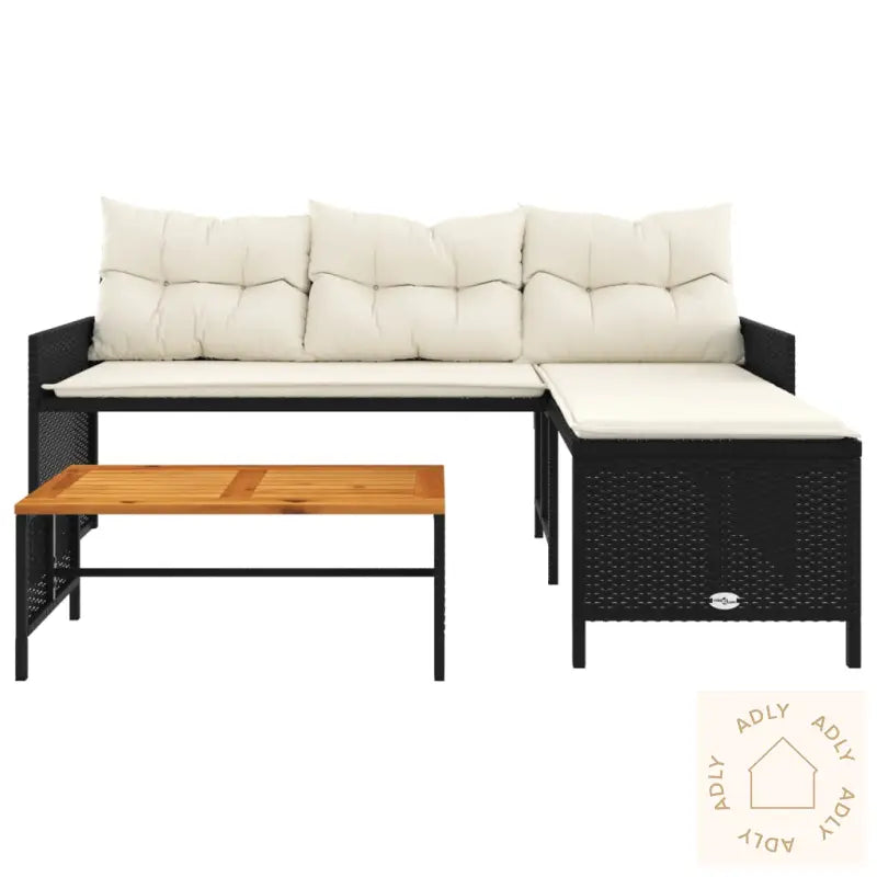 Hagesofa Med Bord Og Puter L-Formet Svart Polyrotting