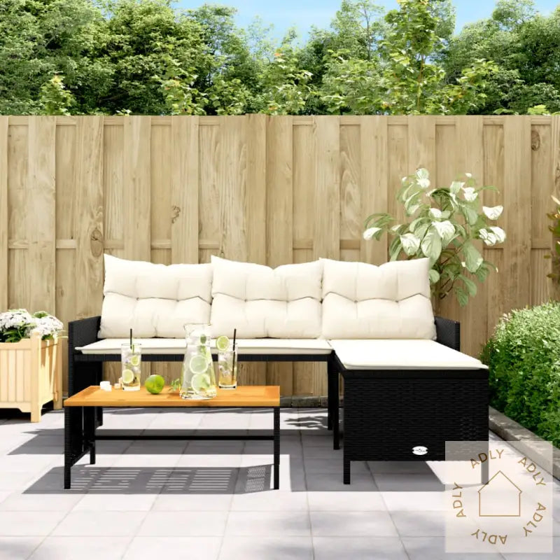 Hagesofa Med Bord Og Puter L-Formet Svart Polyrotting