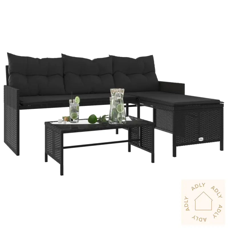 Hagesofa Med Bord Og Puter L-Formet Svart Polyrotting