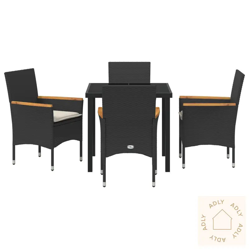 5 Delt Hage Spisebordsett Med Puter I Svart Poly Rattan