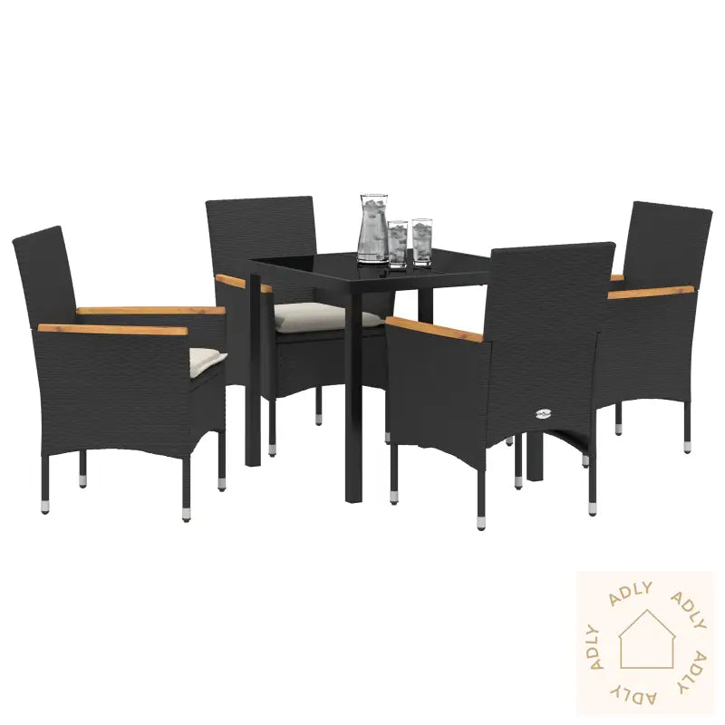 5 Delt Hage Spisebordsett Med Puter I Svart Poly Rattan