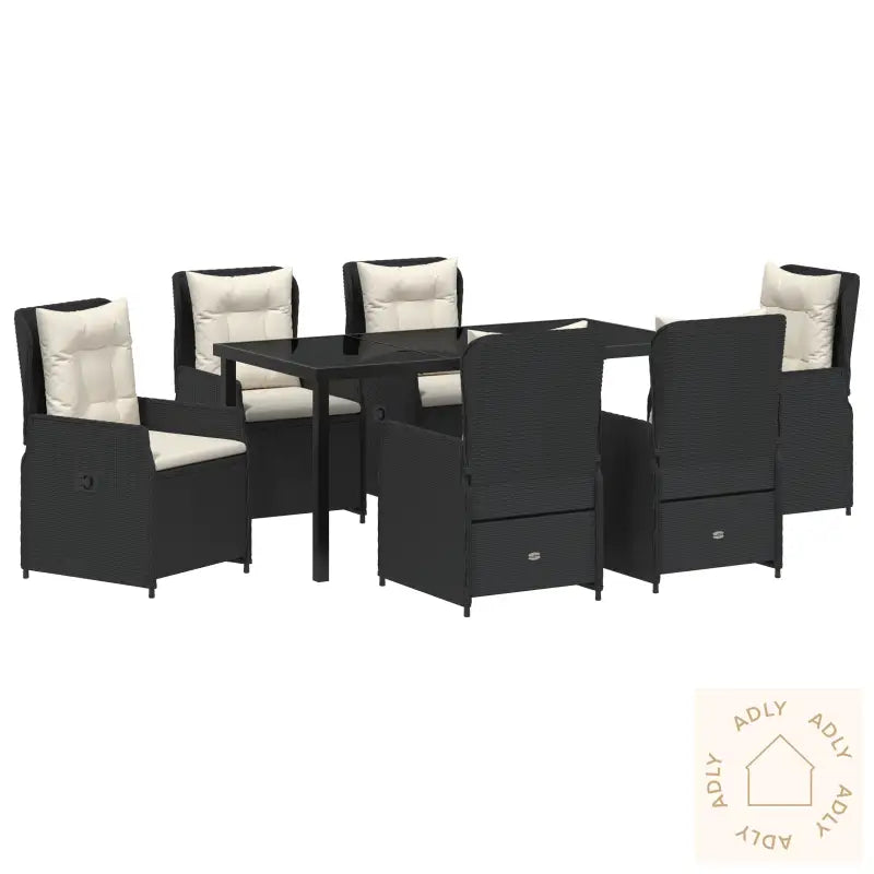 7 Delt Hage Spisegruppe Svart Poly Rattan