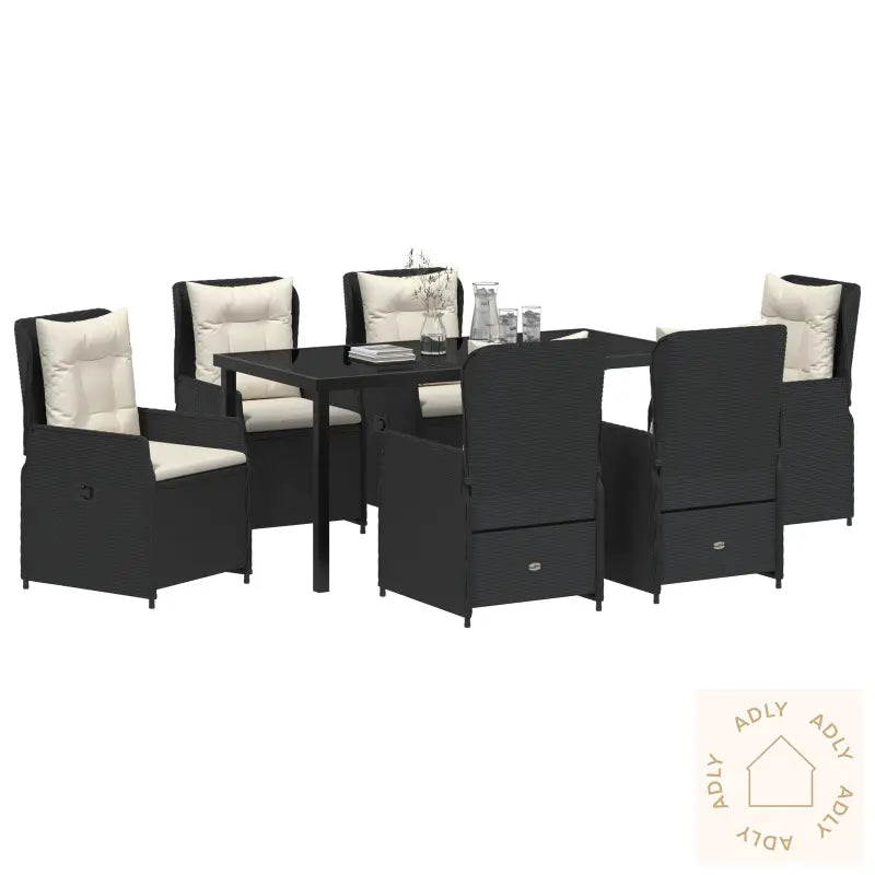 7 Delt Hage Spisegruppe Svart Poly Rattan