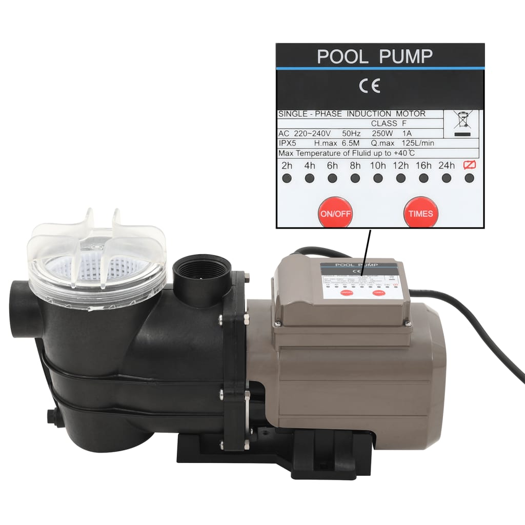 Bassengpumpe med tidsur svart 0,25 HP 8000 L/t