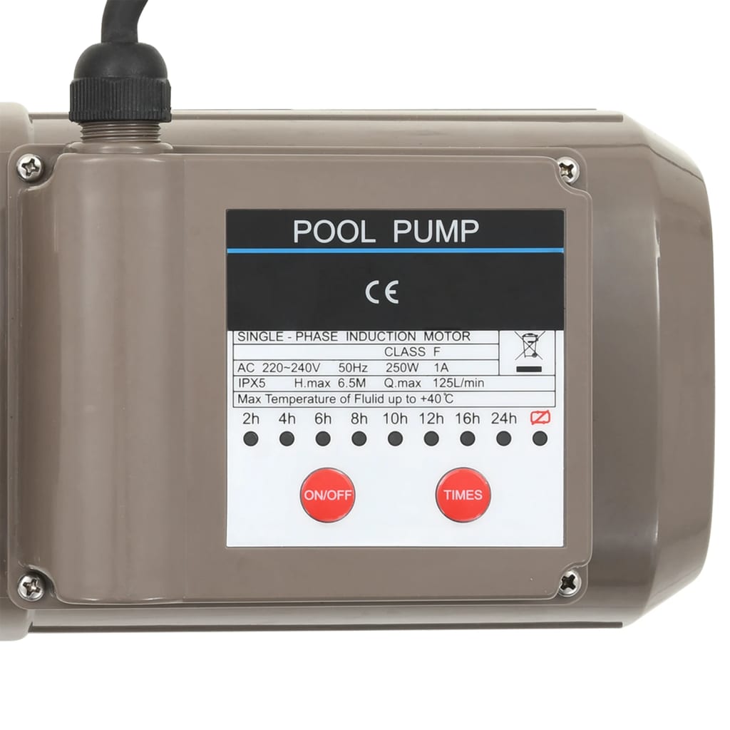 Bassengpumpe med tidsur svart 0,25 HP 8000 L/t