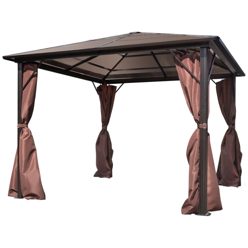 Paviljong med gardin brun aluminium 300 x 300 cm