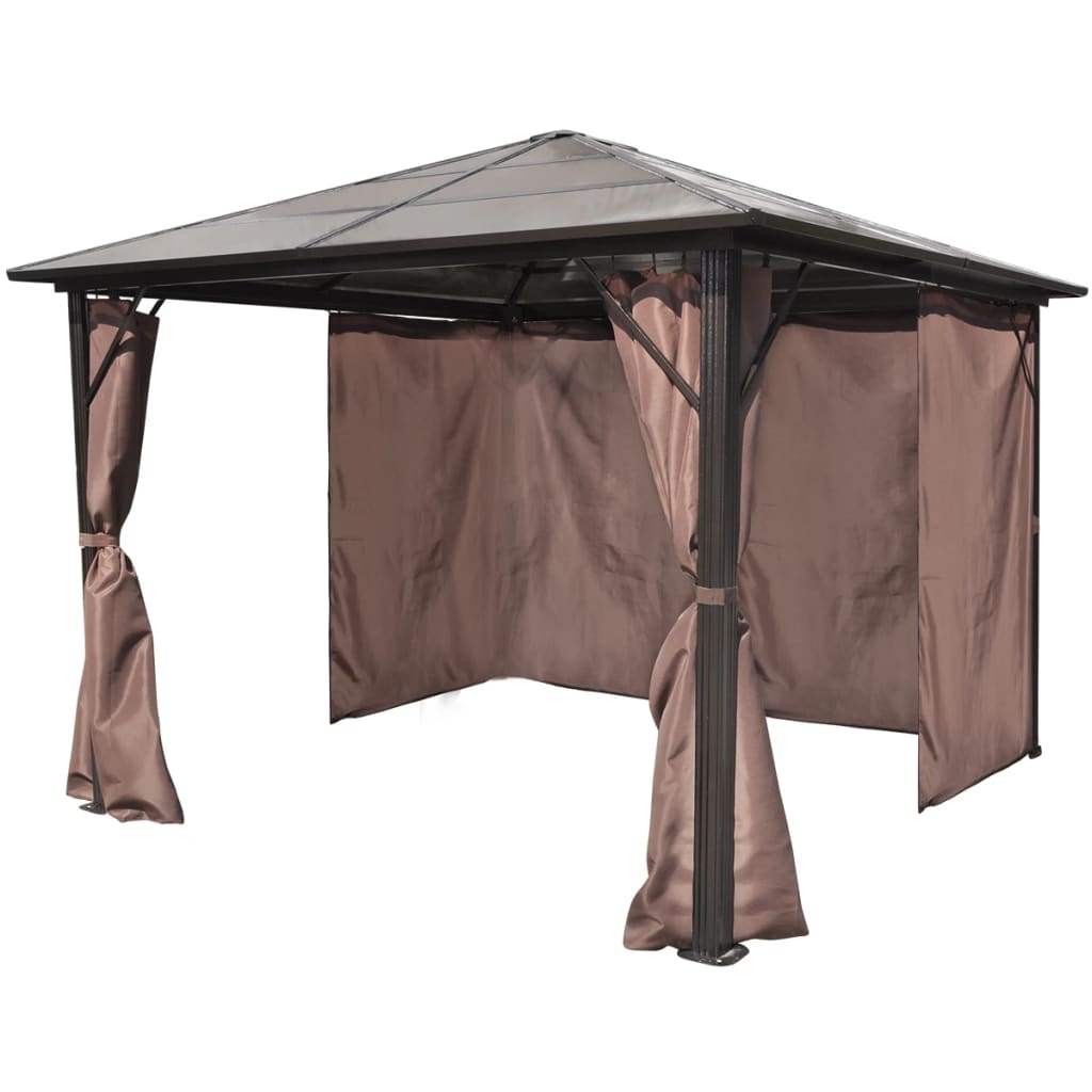 Paviljong med gardin brun aluminium 300 x 300 cm