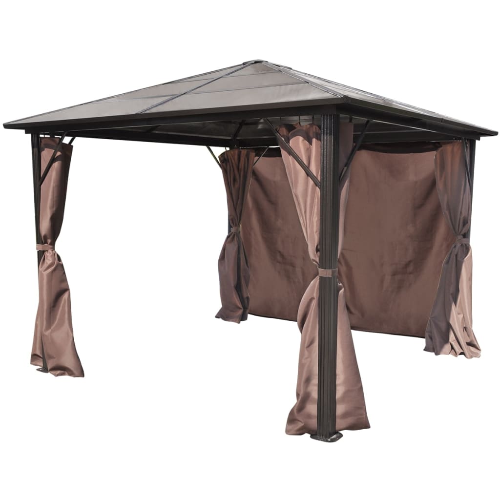 Paviljong med gardin brun aluminium 300 x 300 cm