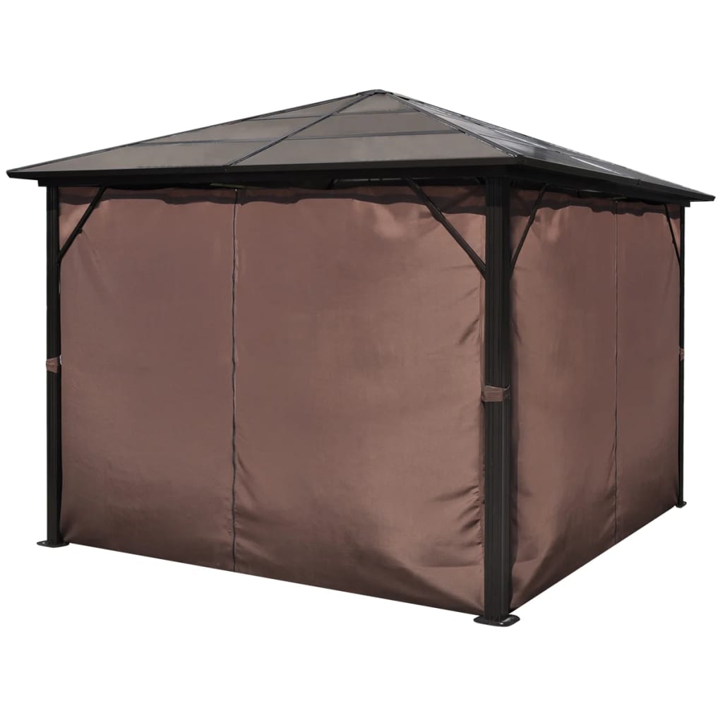 Paviljong med gardin brun aluminium 300 x 300 cm
