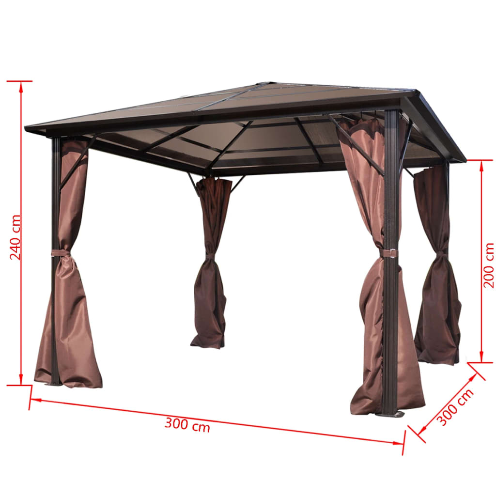 Paviljong med gardin brun aluminium 300 x 300 cm