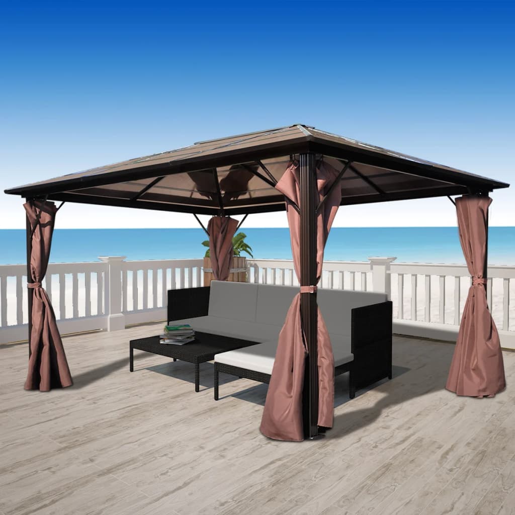 Paviljong med gardin brun aluminium 400 x 300 cm