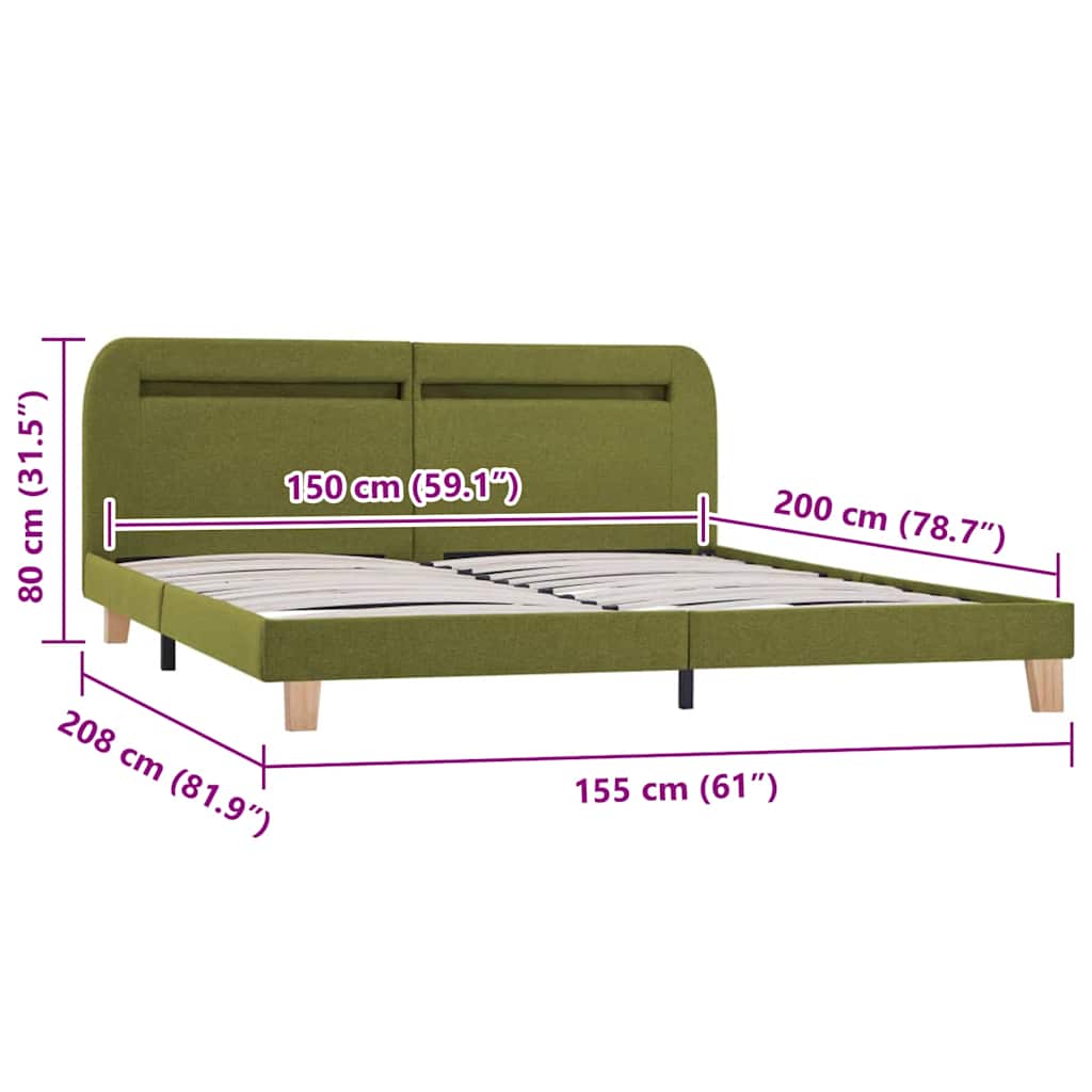 Sengeramme med LED uten Madrass Grønt Stoff 150x200 cm